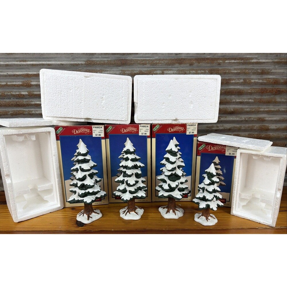 Lemax Village Collection Porcelain Set of 4 Pine Trees 1995 Snowy Tops